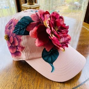 NWT blush rose cap hand painted with Peonies with silk painted petals and beads